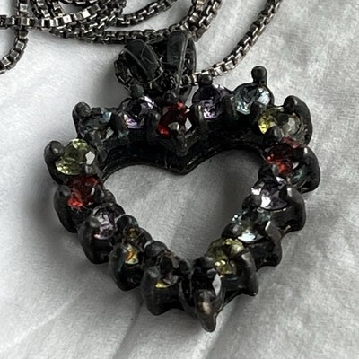 Vintage Sterling Silver Heart Pendant Necklace Multicolor Gemstones Love Whimy