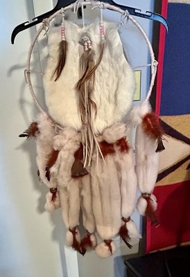 Vtg Amer Indian Handmade Mandela Dream Catcher-rovings/feathers/fur 16'' x 33''