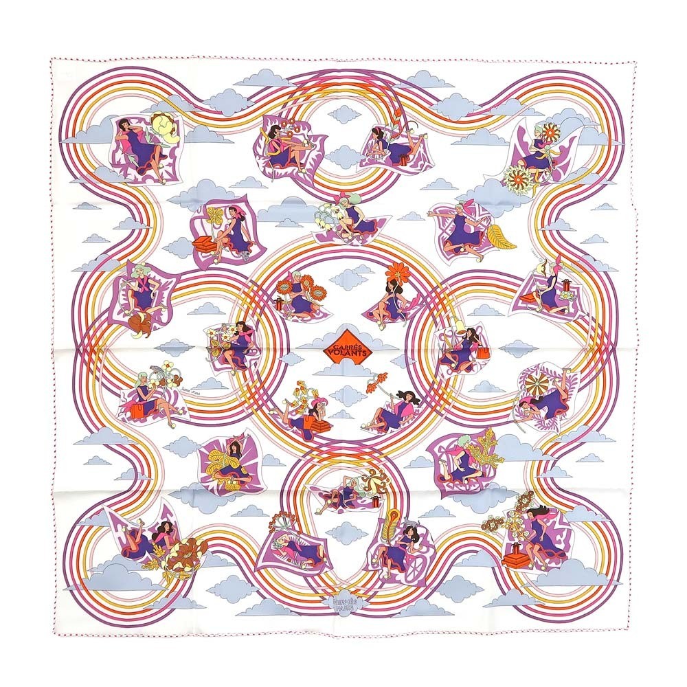 RARE HERMES Carr 70 VOLANTS Flying Carr Scarf 100% Silk White Ladies Luxury Accessory