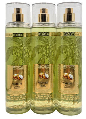 NEW Bath & Body Works Lot 3 Bottles Waikiki Beach Coconut Fragrance Mist Spray 8