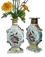 Pr COLOGNE, Bud VASEs, Old Paris Vieux French Porcelain, Chinoiserie, Birds, 6"t