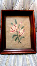 HAND DATED 1956 FRAMED NEEDLEPOINT COTTAGE CORE SMALL FLORAL BOUQUET  TULIPS 