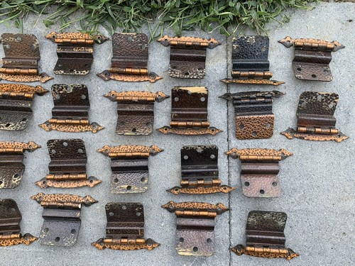 Vtg 46 Hammered Textured COPPER Colored CUPBOARD CABINET Door HINGES Colonial - Picture 2 of 12