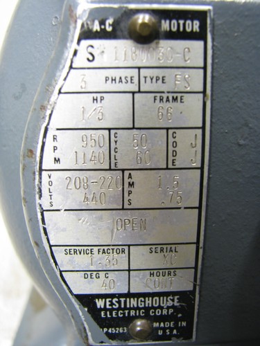 WESTINGHOUSE 1/3hp Electric Motor S1180030C 3phase 1140rpm 220/440v - Picture 17 of 19