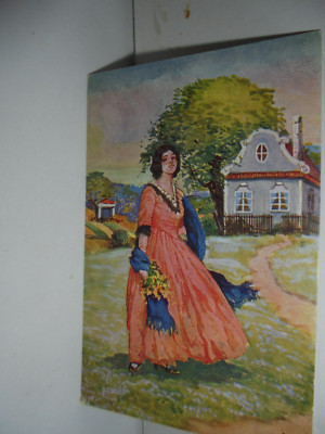 Artist postcard a summer day woman, flowers, house, trees, meadow etc. not used