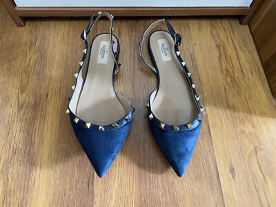 VALENTINO GARAVANI ROCKSTUD BLUE SUEDE LEATHER POINTED SLINGBACK  