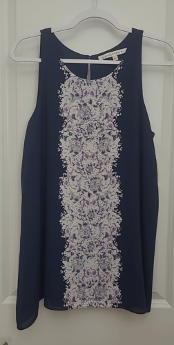 MAX STUDIO Women's Tank Top Blouse Size Large Navy Floral Print Sleeveless Lined