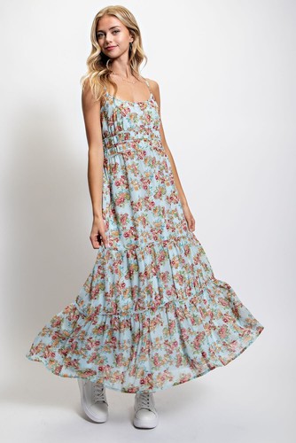 GiGiO Floral Print Smocked Back Sleeveless Tiered Summer Midi Dress - Picture 2 of 5