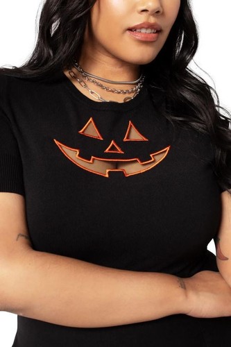 Jack-O-Lantern Top by Hell Bunny - Gothic Halloween Pumpkin Cut-Out Knit T-Shirt - Picture 6 of 9
