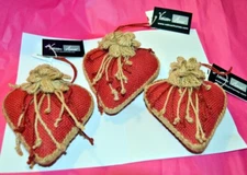 LOT OF 3 ~ VATICAN HOMES ORNAMENTS ~ BURLAP HEART WITH FLOWERS  *NWT