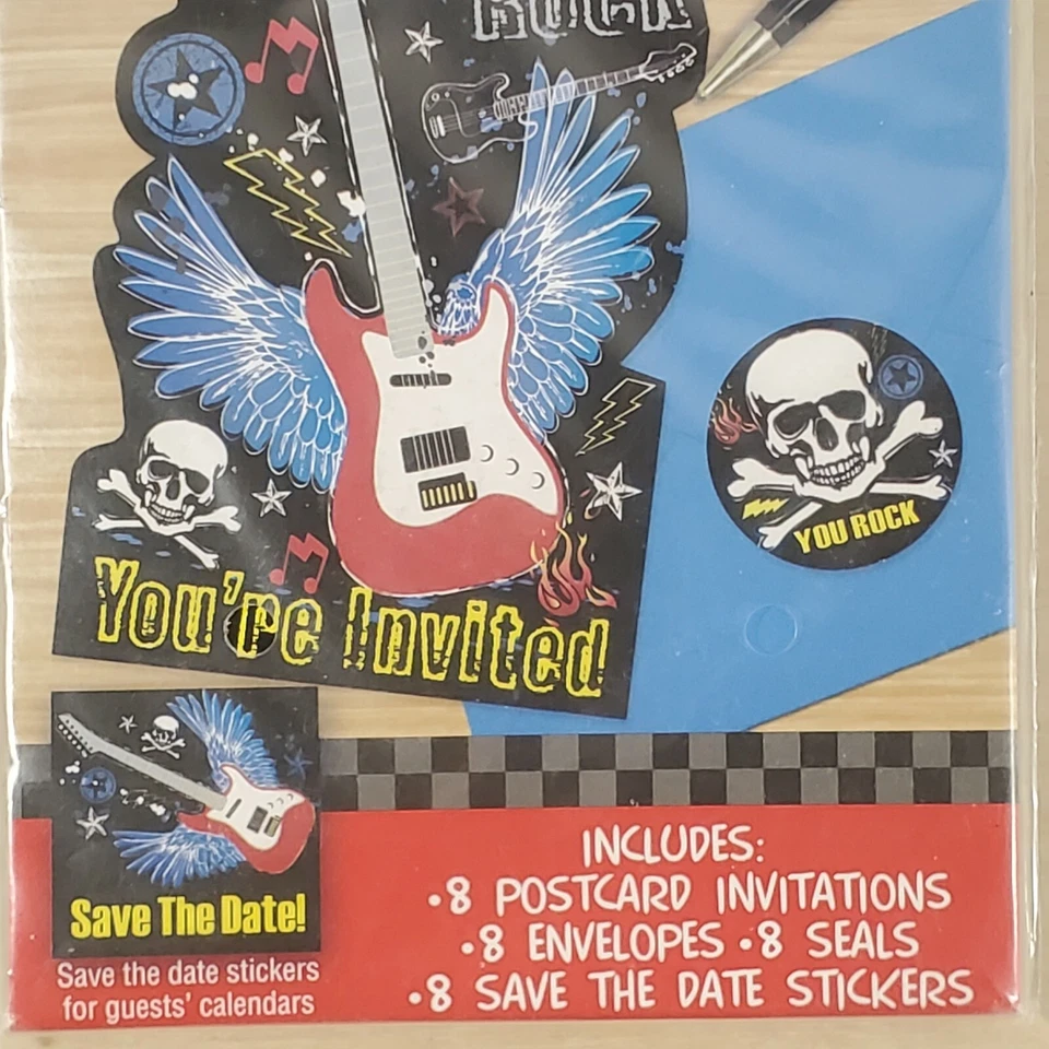 You Rock You’re Invited Invitation Cards Envelops 8 Count Guitar Skull Bones - Image 3 of 4