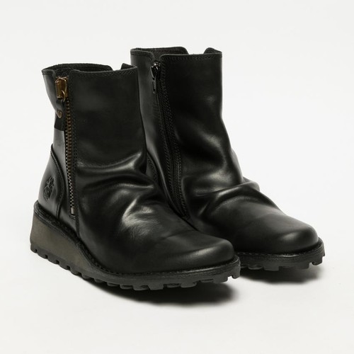 Botas Chelsea Fly London para mujer negras MON944 cuero tacón de cuña tobillo cremallera - Imagen 3 de 8