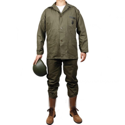 WW2 US ARMY USMC HBT UNIFORM AND M1 HELMET WITH COVER USMC