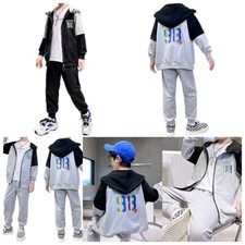 Boys Tracksuit Outfits Hooded Sports Two-Piece Zipper Sweatshirt Color Block