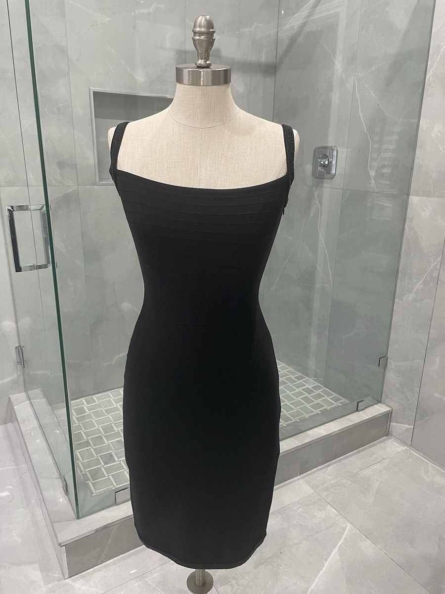 HERVE LEGER BLACK DRESS WITH BEADED STRAPS SIZE L