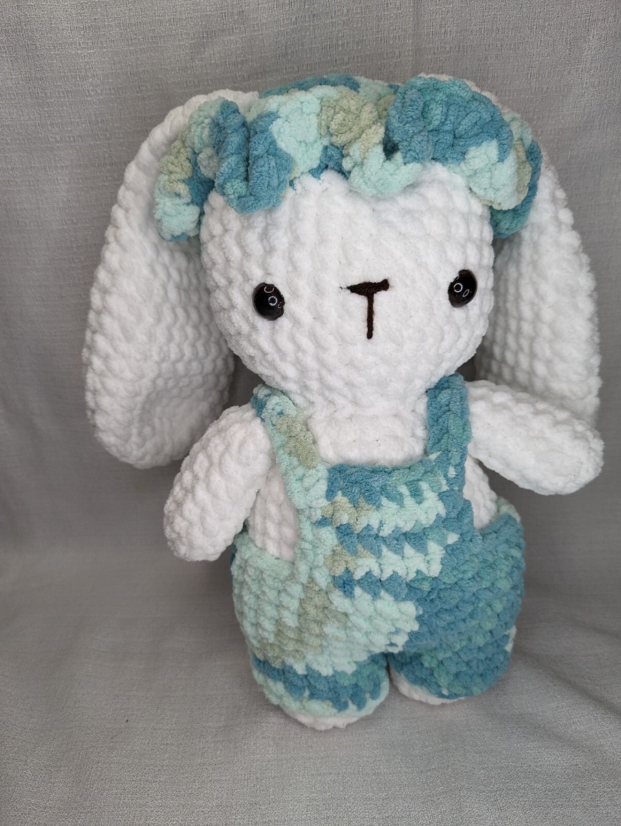 Cute Handmade Crochet Plushie bunny W/ Blue Tie Dye Overalls Hat