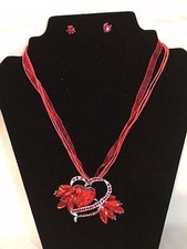 Red Crystal Rhinestone Silver Flower Heart Necklace and Earring Set
