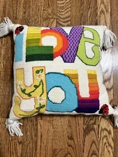 Vintage  Sunset Designs Needlepoint Throw Pillow Completed Rainbow Love You