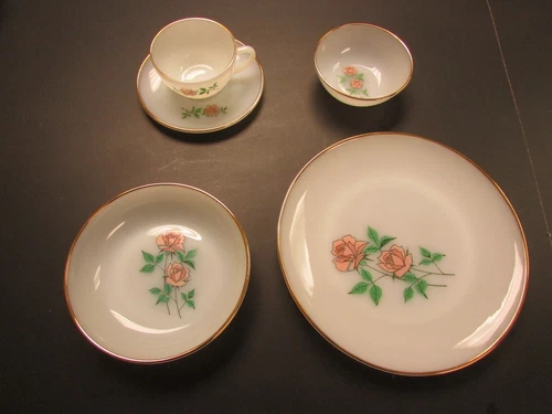 Lot 5 Fire-king Anniversary Rose 10" plate & cup & saucer 6 1/2" & 4 1/2" Bowl
