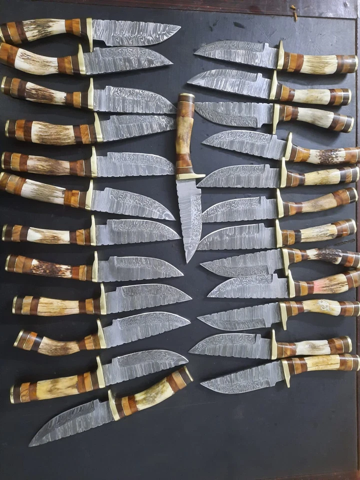 Lote de 30, 8 pulgadas cuchillos desolladores de acero Damasco hechos a mano en cuerno de ciervo con funda Foto 4 de 4