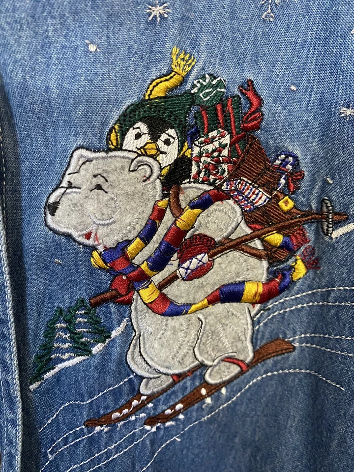 Camisa Denim Bobby Brooks 18/20W Vacaciones Oso Pingüino Manga Larga Algodón Usada en Excelente Condición Foto 3 de 4