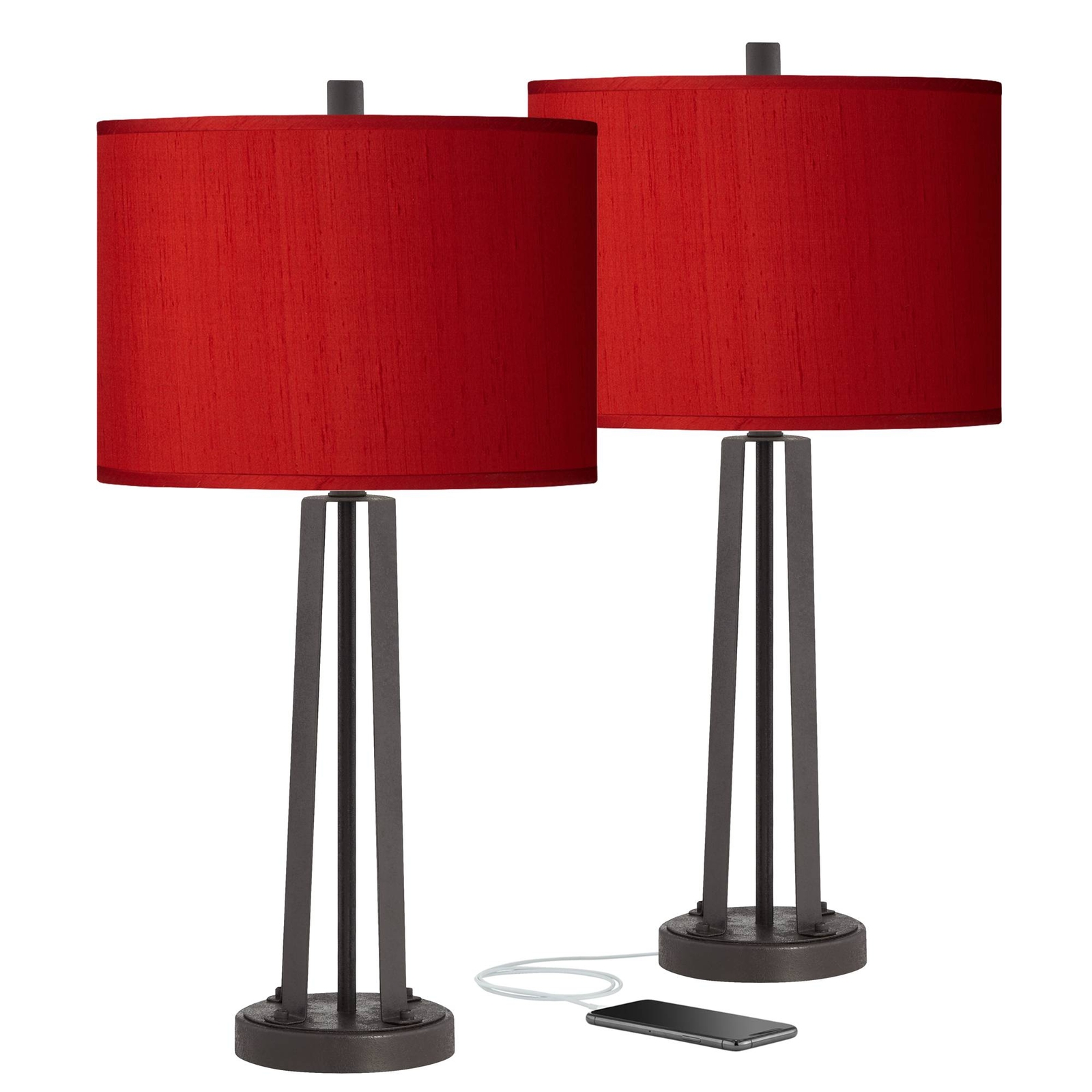 Modern Table Lamps Set of 2 with USB Dark Bronze Red Shade for Living Room Home
