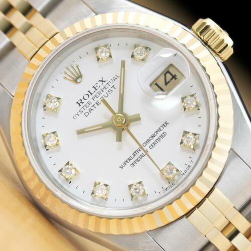 ROLEX LADIES DATEJUST FACTORY DIAMOND DIAL 18K YELLOW GOLD/STEEL WHITE WATCH - Picture 1 of 7