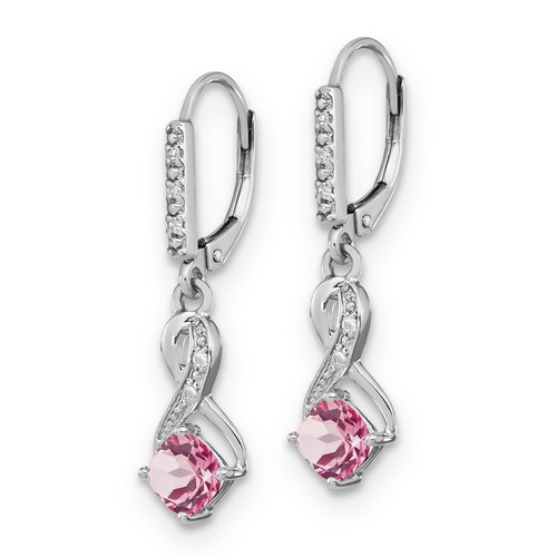 Sterling Silver Lab-Created Pink Sapphire and Diamond Leverback Dangle Earrings - Picture 2 of 6