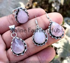 Rose Quartz Gemstone Pendant Earings Ring Set 925 Sterling Silver Plated Jewelry