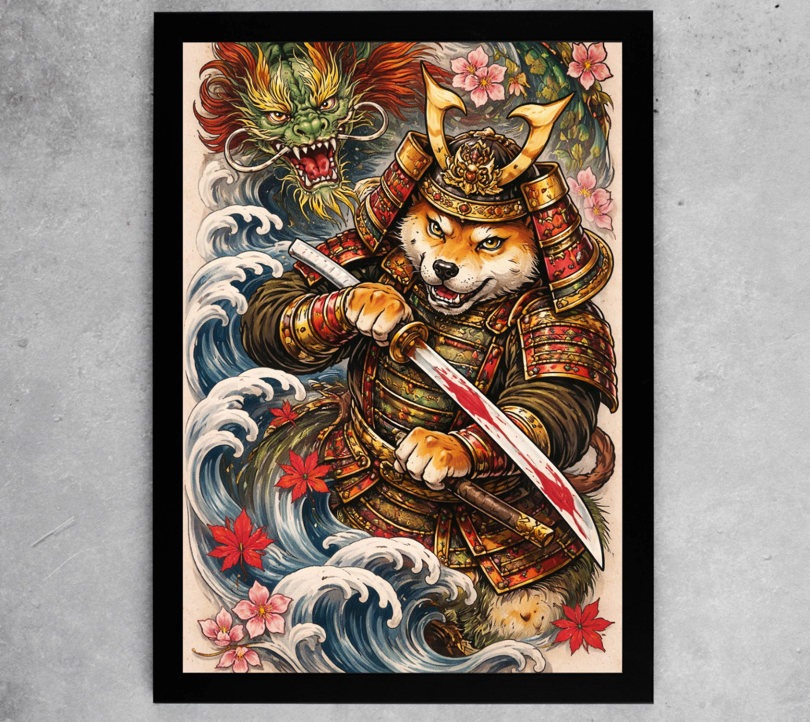 Póster japonés de tatuaje Samurai Shiba y dragón ascendente impresión arte en lienzo enmarcado