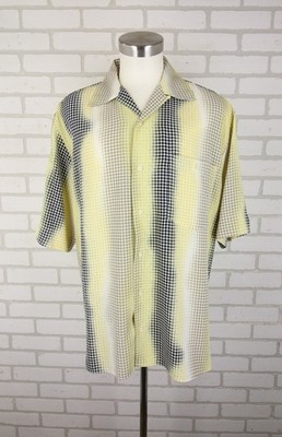 Equilibrio Geometric Black Yellow Tan Shirt Men L Camp Short Sleeve Button Italy