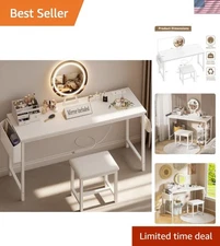 Chic White Vanity Table with LED Mirror and Padded Stool - Perfect for Bedrooms