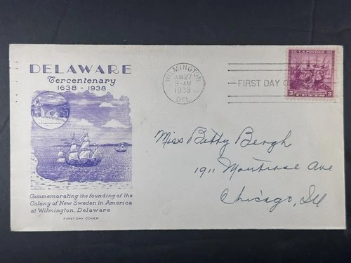 US FDC 1938 Delaware Tercentenary New Sweden Ship Wilmington Cancel  b103