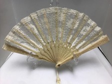 Vintage White Lace Folding Fan W/ Tassel Plastic 11  X 6  