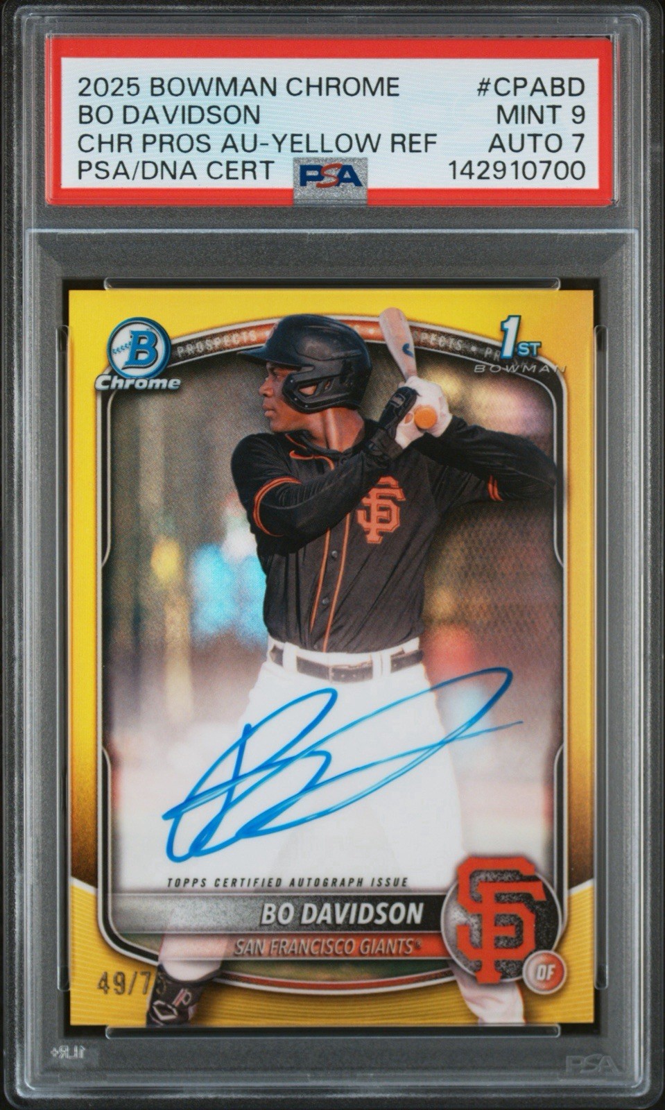 2025 Bowman Chrome Pros Auto Yellow Ref Bo Davidson #CPABD /75 PSA 9 Auto 7