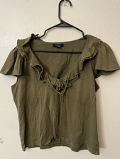 Chaps - 100% Cotton Olive Green Mesh Ruffle Trim Short Slv Top Women's Size XL