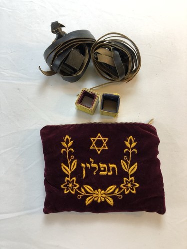 Vintage Tefillin Set with Velvet Carrying Case  Jewish Prayer Item Display Only