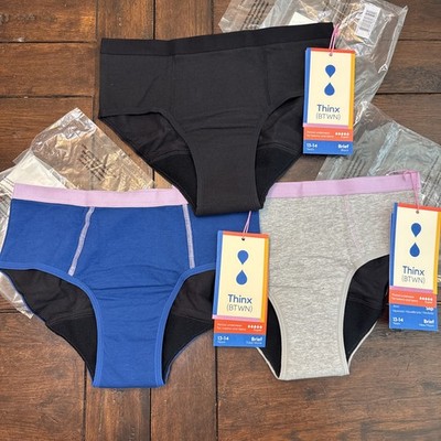 LOT 3 THINX TEEN BTWN BLACK GRAY BLUE SUPER PERIOD-PROOF BRIEF PANTIES SZ 13-14