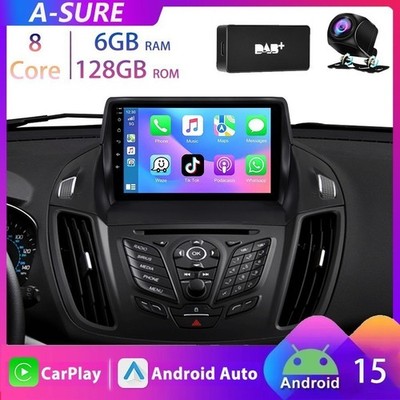 DAB+ KAM 6+128GB Android15 GPS Navi Autoradio CarPlay für Ford C-Max Kuga Escape