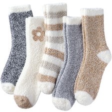 Women's Gray Khaki Fuzzy Winter Slippers Cozy Fuzzy Socks 5 Pairs