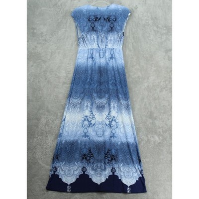 Chicos Dress Womens 0 US Small Paisley Maxi Boho Stretch Knit Beach Resort  Blue