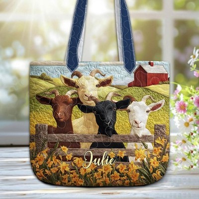 Colorful Farm Goat Quilted Tote Bag Personalized Barn Landscape Goat Handbag Gif