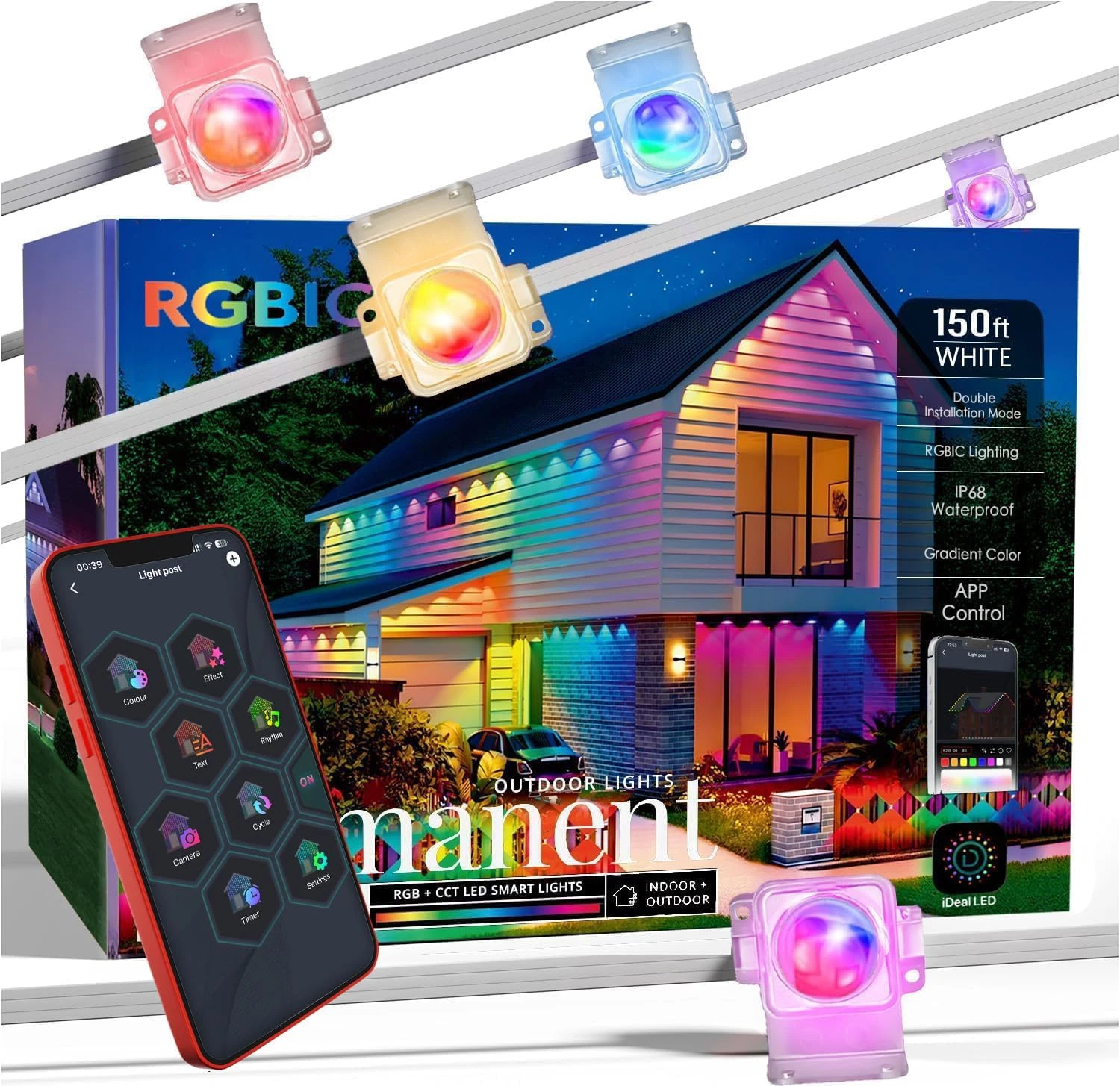 150Ft Smart RGB Outdoor Lights, 90 LED, APP Control, Waterproof Decor