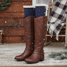 Women Boots Cover Topper Pair Blue Fabric Slip Ons Warmer Knit Crochet Snow