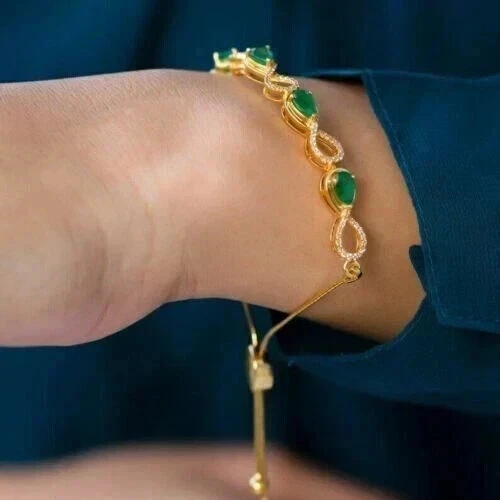 Brazalete de tenis para mujer 5 quilates enchapado en oro amarillo de 14 k con esmeralda/circonita cúbica simulada de pera Foto 2 de 4