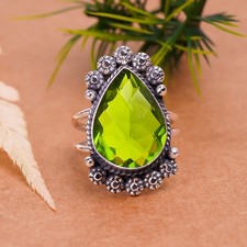Green Peridot 925 Sterling Silver Statement Ring, Valentine's Day Gift for Her