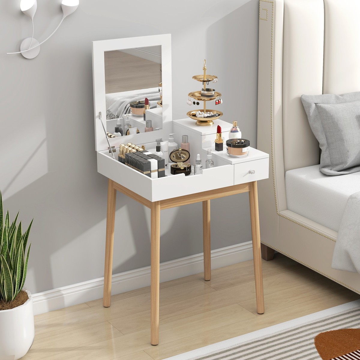Dressing Table Desk Flip-up Mirror Multi-purpose Drawers Makeup