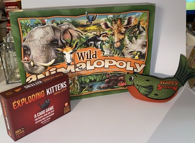 Wild Animalopoly Board Game, Exploding Kittens & Happy Salmon Card Games All VG!