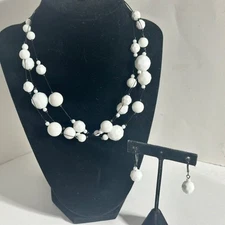 White Beaded Layered Illusion Necklace & Matching Leverback Earrings Boho Chic