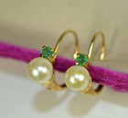 14K Gold Pearl & Green Emerald Earrings ~ Leverback